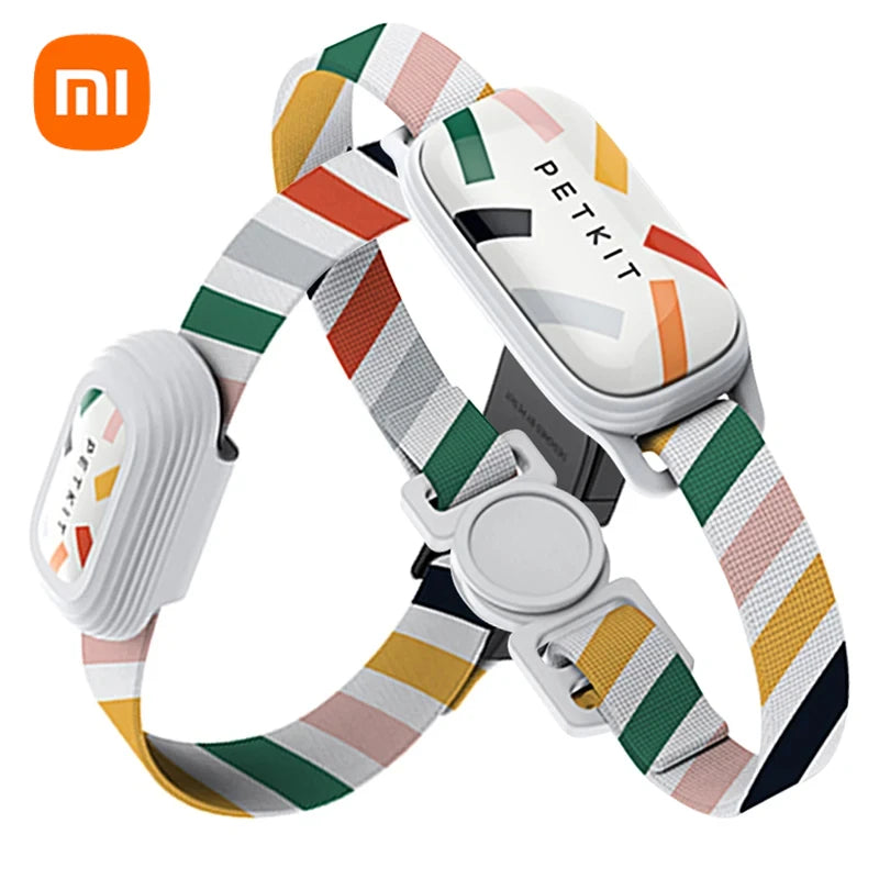 Colorful striped dog collar with PetKit branding on a white background